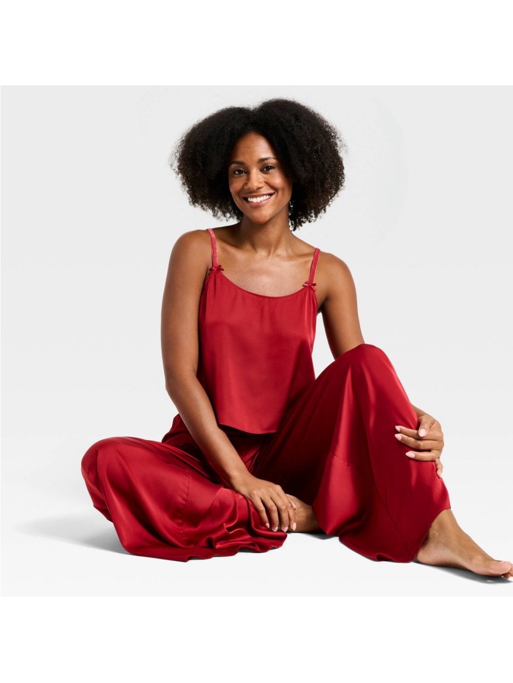 Silky Red Women's Satin Pajama Set - Camisole XS New Auden Silk Luxe Ribbon Bow